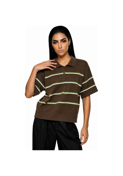 Maison Velora Kadın Kahverengi Wardrobe Essentials Yazlık İplik Çizgili Polo Yaka Triko Bluz Kahverengi Kahverengi
