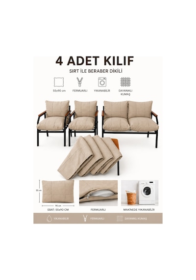 Balkon Bahçe Takımı Minder Kılıfı 4 Lü Set Bej 55x90 Cm Fermuarlı Yıkanabilir