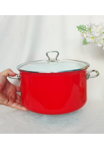 Kırmızı Emaye Tencere 3 Litre 22 Cm Çap Krom Detaylı Süt Yoğurt Çorba Tenceresi Kırmızı