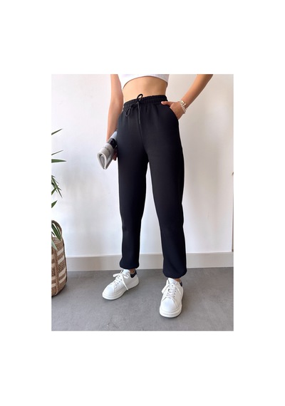 Gugus Trend Kadın Kışlık Kalın İçi Polarlı Yüksek Bel Paçası Lastikli Basic Jogger Eşofman Altı Siyah