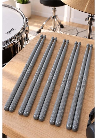 Midex Gfk-901gry-5x Pro 5a Profesyonel Kırılmaz Baget Fiber Karbon Drumsticks Gri Bateri Bageti 5 Çift