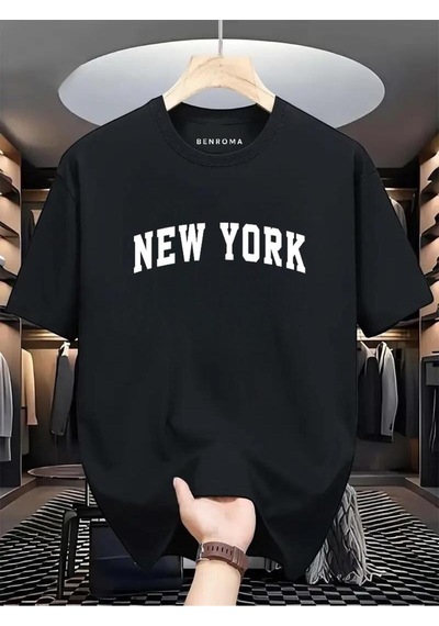 New York Beyaz Baskılı Oversize Tişört SIYAH