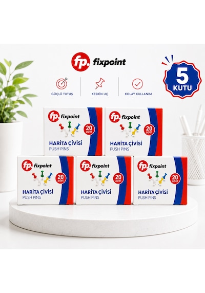 Fixpoint Harita Çivisi 5 Kutu 100 Adet Renkli Raptiye Mantar Pano Çivisi