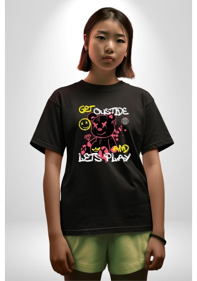 Dışarı Çık Ve Oynayalım Teddy Pamuklu Bisiklet Yaka Unisex Oversize Boyfriend Dijital Baskılı Siyah T-shirt Siyah