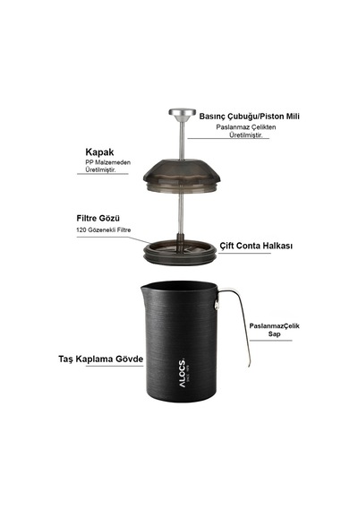 Alocs Paslanmaz Çelik French Press 600 Ml Gri