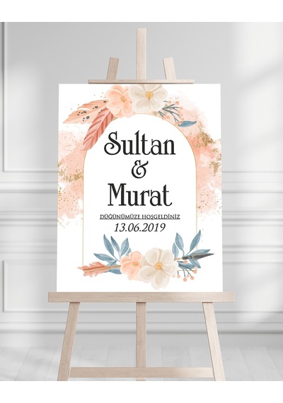 Söz Nişan Düğün İçin 50x70 Karşılama Panosu - Pastel Çiçek Tasarımlı 001 Beyaz
