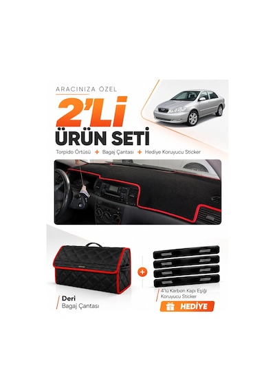 Toyota Corolla E130 2000-2006 Uyumlu Torpido Örtüsü + Deri Bagaj Çantası + Sticker - Siyah Kırmızı