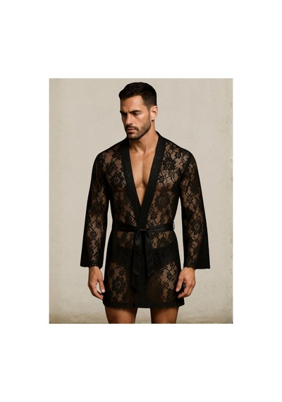 Qmen Style Erkek Dantelli Kimono Ve Sabahlık Siyah
