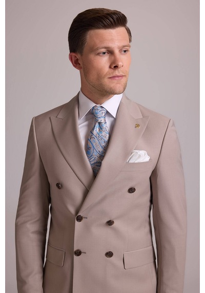 Erkek Krem Slim Fit Kruvaze %100 Yün Takım Elbise