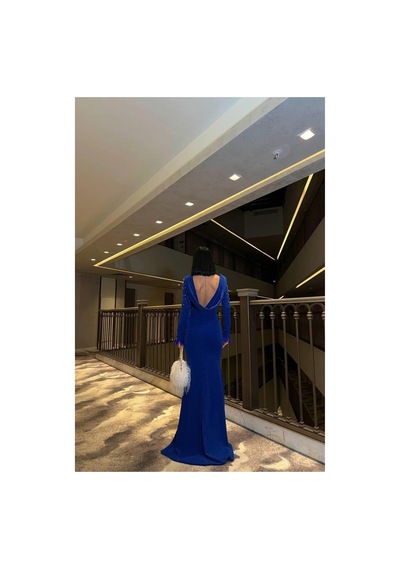 Lior Design Kadın Bohem Krep Kumaş Degaje Yaka Dekolteli Abiye Elbise Saks