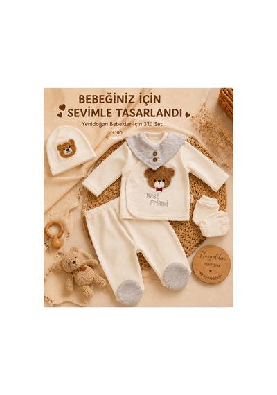 Omeca Concept Yenidoğan Erkek Bebek 5'li Hastane Çıkışı Seti Ayıcık Nakışlı Pamuklu Bebek Takımı Krem