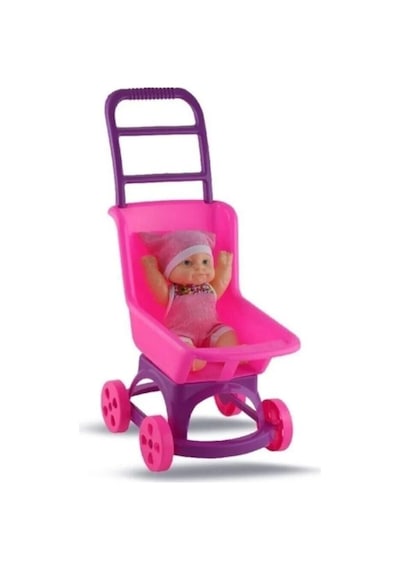 Oyuncak Çekçekli Puset Ve Bebek 25 Cm Puset, 20 Cm Bebek, Renkli Kıyafetli Mini Bebek Seti