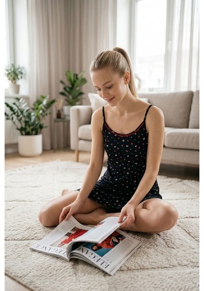 U&me Midnight Bloom Mini Çiçek Desenli Kadın İp Askılı Yazlık Pamuk Kısa Gecelik, Ev Elbisesi Lacivert Çok Renkli U&me Midnight Bloom Mini Çiçek Desenli Kadın İp Askılı Yazlık Pamuk Kısa Gecelik, Ev Elbisesi Lacivert Çok Renkli