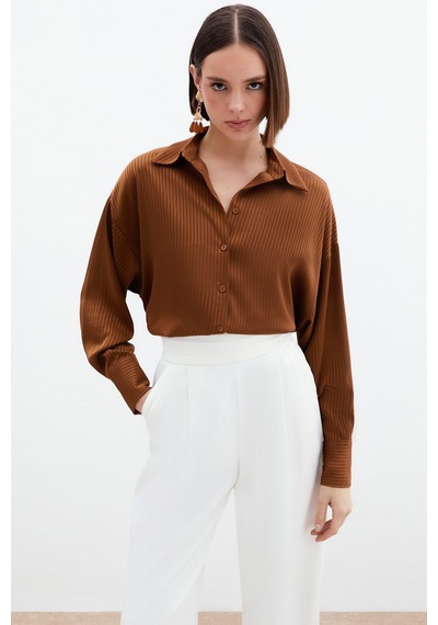Sateen Kendinden Çizgi Desenli Gömlek - Kahve-136019 Kahve
