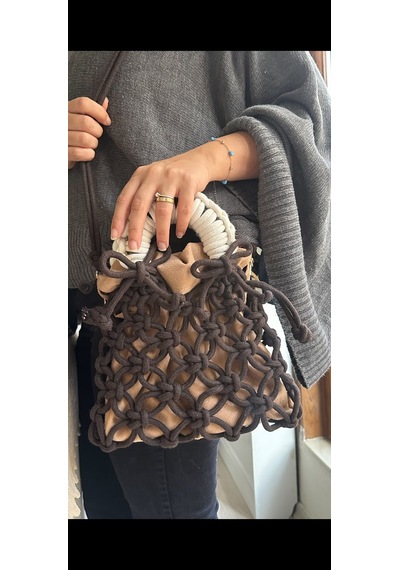 Pawknot Latte Knot Mini Makrome Çanta Kahverengi/bej İçi Keseli Kahverengi - Bej