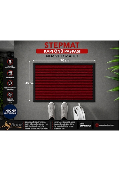 Nem Alıcı Toz Tutucu Çamur Sıyırıcı Pvc Taban Ve Pvc Bordürlü Bordo Meridyen Rip Halılı Kapı Önü Paspası