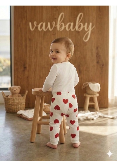 Vavbaby 2li Desenli %100 Pamuklu Kız Bebek Body Pantolon Takım-kalp Kırmızı
