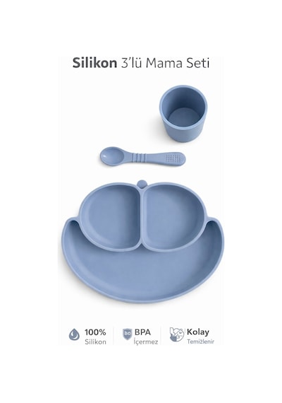Vakum Tabanlı Silikon Mama Seti Kaymaz & Güvenli Beslenme Mavi