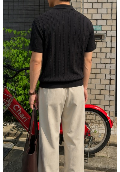 Tarz Cool Erkek Slim Fit Fermuarlı Polo Yaka Saç Örgü Desenli Triko Tişört Yazlık Pamuklu Esnek Örme Siyah