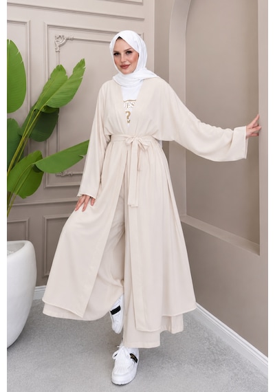 Balenbi Kadın Kuşaklı Kimono Hırka Bol Paça Pantolon Takım Tesettür 2'li Kombin 1230 Taş