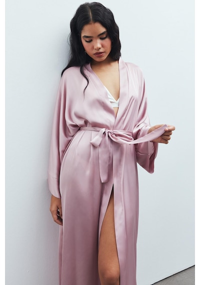 Frappant Gül Kurusu Uzun Saten Sabahlık / Kimono Pembe