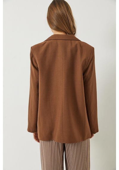 Kadın Vatkalı Astarı Çizgili Çilek Kumaş Blazer Ceket 50178 60283002 - Taba