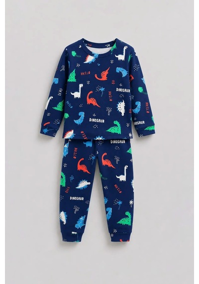Zuzunga Hello Dino Desenli Uzun Kollu Erkek Çocuk İnterlok Pijama Takımı Lacivert
