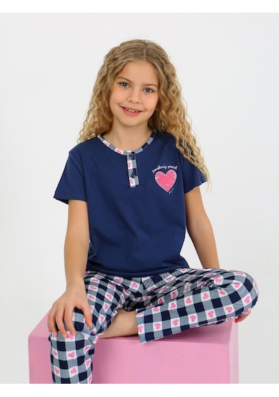 Kız Çocuk Kısa Kollu Düğme Detaylı %100 Pamuklu Pijama Takımı Special Love Lacivert