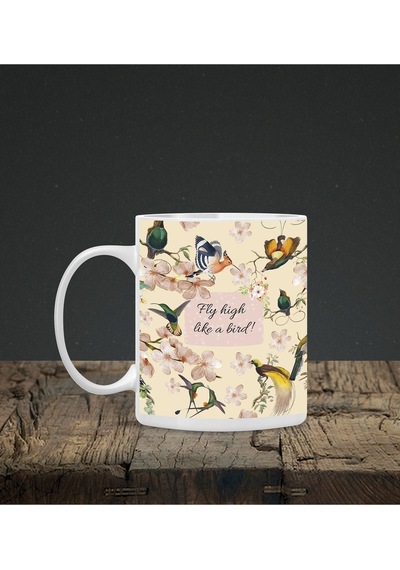 Kuşlu Kupa & Fly High Like A Bird Tasarım Kuş Motifli Mouse Pad 23x19cm Fare Altlığı Kaydırmaz Taba Mousepad