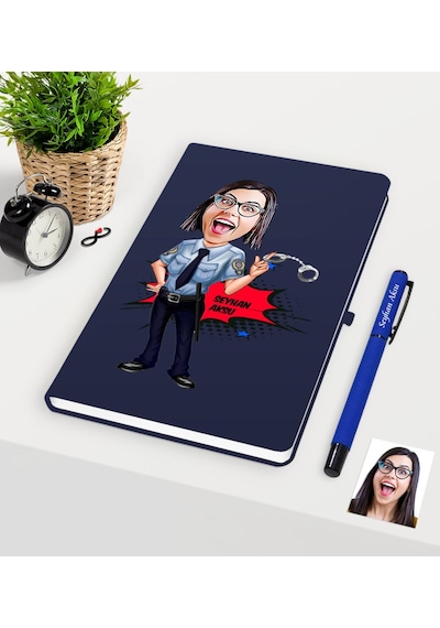 Kişiye Özel Kadın Polis Karikatürlü Lacivert Defter Kalem Seti Lacivert