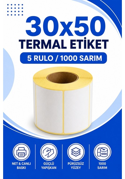 30x50mm Termal Etiket 5 Rulo 1000 Sarım Ribonsuz Kargo, Lojistik, Depo Yapışkanlı 1
