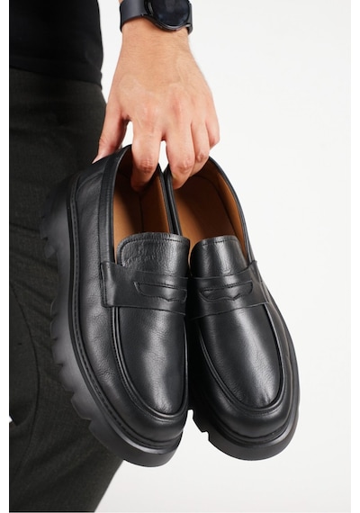 Fame Step Hakiki Deri Erkek Casual Ayakkabı +4.5 Cm Boy Uzatan Kalın Taban Günlük Bağcıksız Comfort Siyah Loafer Venedik