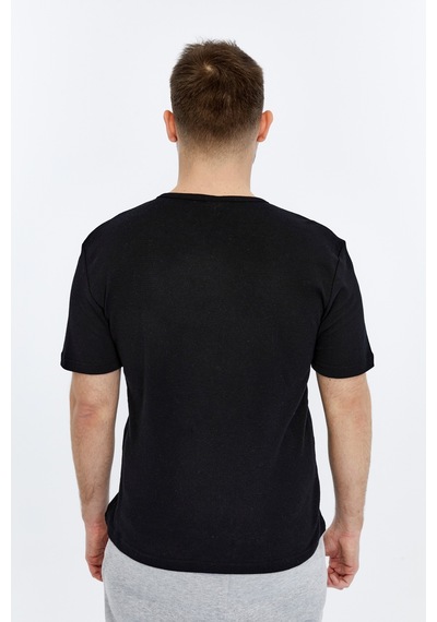 Erkek Henley Yaka %100 Pamuklu Dokulu Kumaştan Kısa Kollu Günlük Basic Tişört SIYAH