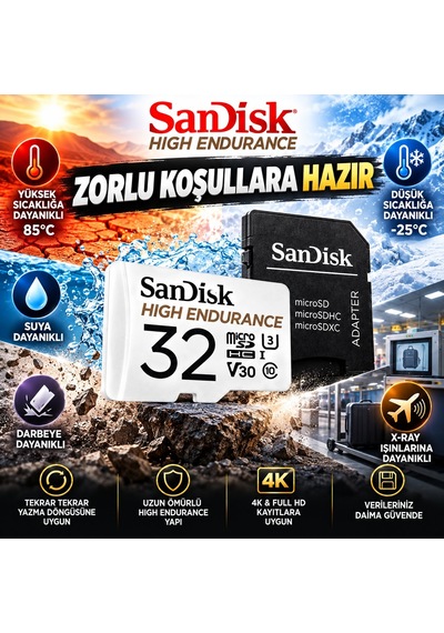 Sandisk High Endurance 32 Gb Microsdhc Hafıza Kartı + Sd Adaptör 100 Mb/s, U3 V30 Class 10, 4k Ful