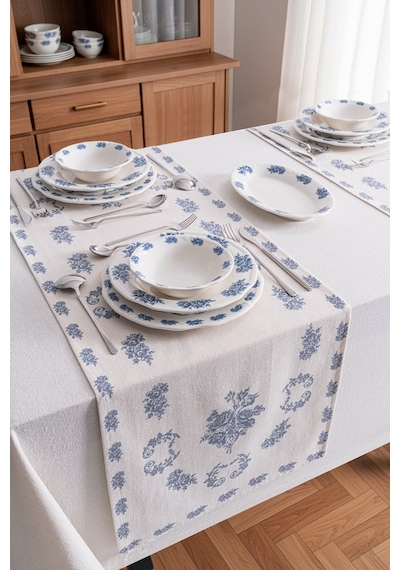 Flowers Blue Keten Runner-7526 Çok Rekli