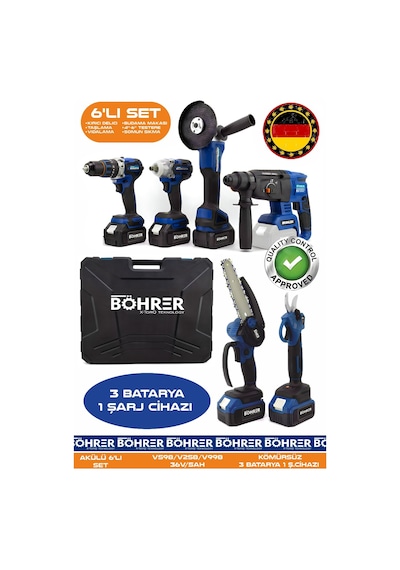 Böhrer Ba011133m Akülü 6 Lı Kombo Set 30mm Budama Makası + 10 - 15cm Budama Testereli + Taşlama + Kırıcı