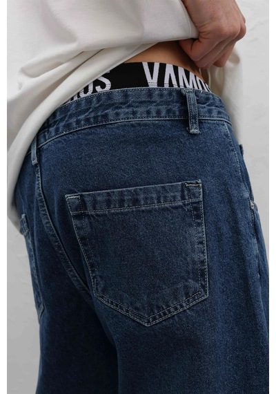 Vamos Dikiş Detaylı Relaxed Fit Jean Mavi