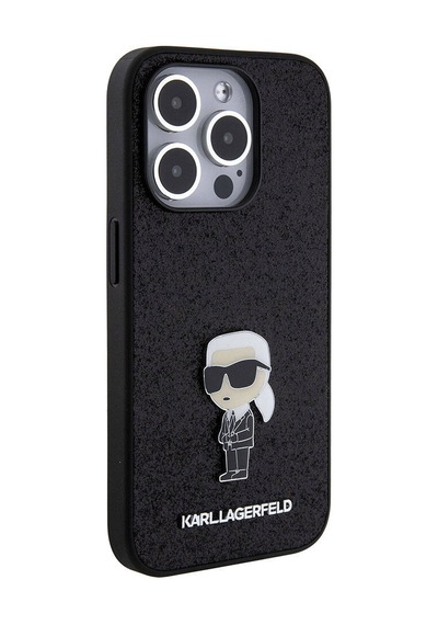 Apple Uyumlu iPhone 15 Pro Max  Kılıf Karl Lagerfeld İkonik Fixed Glitter Metal Logo  Lisanslı Siyah