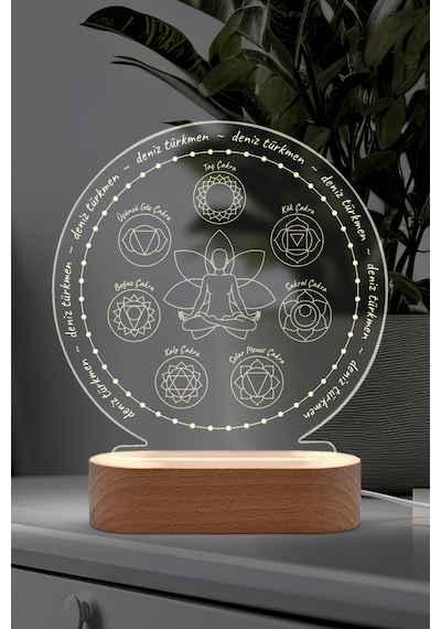 Yoga Çakra Sembollü Kişiye Özel Ledli Gece Lambası Masif Ahşap Tabanlı Usb Kablolu Pleksi Led Gece Lambası