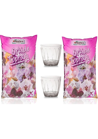 Orkide Toprağı 6L 2 Adet Şeffaf Orkide Saksısı 1.5 L