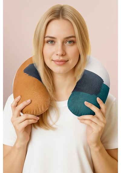 Soyut Renk Bloklu Ergonomik Boyun Yastığı - Modern Turuncu Yeşil Siyah Seyahat Yastığı Sedefli Fırtına Bebek Mavisi