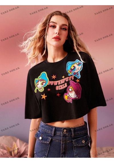Flood Of Style Crop Ckod-232913 Beyaz Örme Kadın Karikatür Çiçek Baskılı Siyah