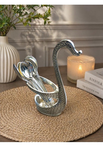 Kaşıklık Seti 6 Lı Metal Kaşık Standı Dekoratif Çay Kaşığı Seti Kuğu Tasarımlı 12 Cm Kaşık 15 Cm Stand Gri