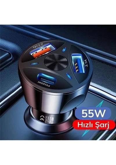 Cj 55w 3 Port Usb Araç İçin Telefon Şarj Cihazı 3 Girişli Çakmaklık Adaptör-31a Pd 20w Qc 30