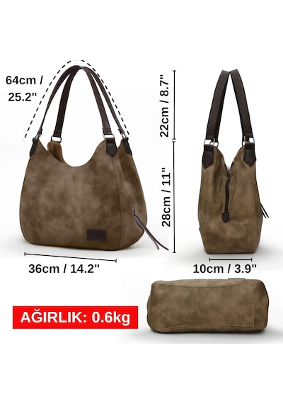 Cappadocia Vintage 5086 Myra Kadın Dumanlı Koyu Kahverengi Pu Deri Günlük Omuz Çantası Üç Bölmeli Hobo Tote El Çantası Dumanlı Koyu Kahverengi