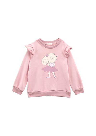 Mininio Kız Bebek Baskılı Kolları Fırfır Detaylı Eşofman Takımı - Pembe Pembe