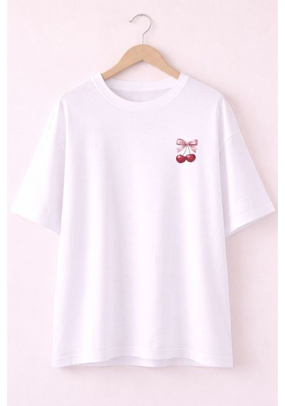 Minimal Kiraz Desenli Baskılı T-shirt Beyaz