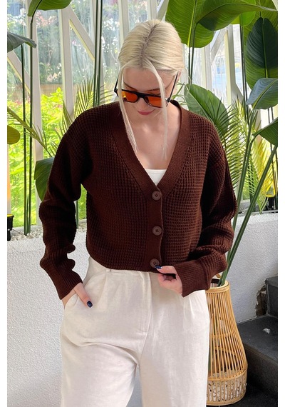 Madmext Kahverengi Uzun Kollu Düğmeli Crop Hırka Mg2198 Kahverengi