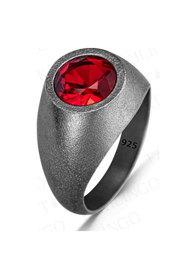925 Ayar Gümüş Oksitli Yuvarlak Kırmızı Ruby Taşlı Sade Erkek Yüzük Gümüş