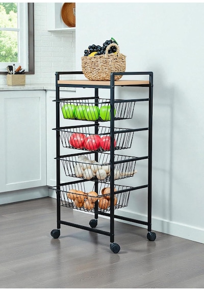 Dekoratif Tekerlekli Metal Sebzelik 4 Tel Sepetli Çam Ahşap Raflı Çok Amaçlı Stand Çok Renkli Dekoratif Tekerlekli Metal Sebzelik 4 Tel Sepetli Çam Ahşap Raflı Çok Amaçlı Stand Çok Renkli